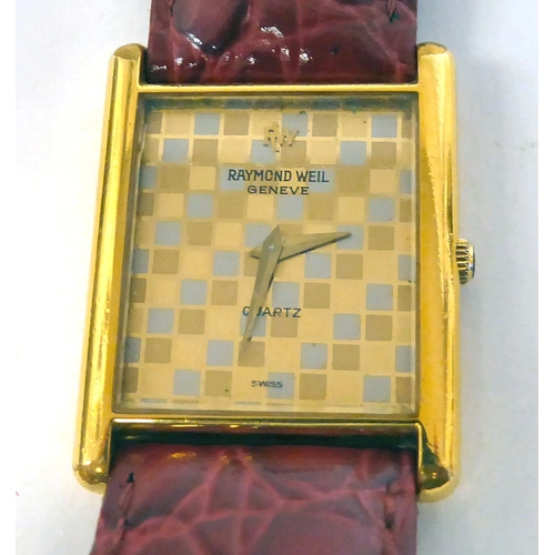 375 - A Raymond Weil yellow metal cased wristwatch, on a dedicated red hide strap