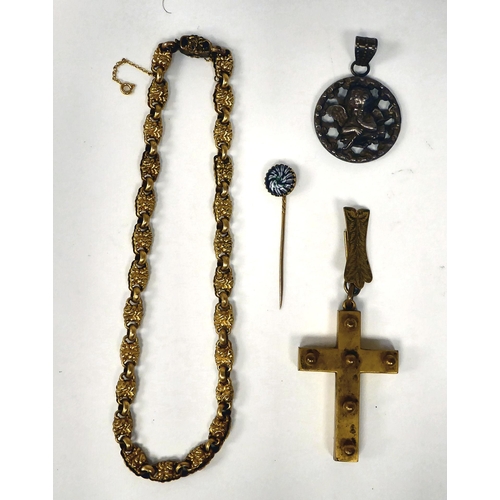 378 - Items of personal ornament: to include a yellow metal stickpin; and pendant cross