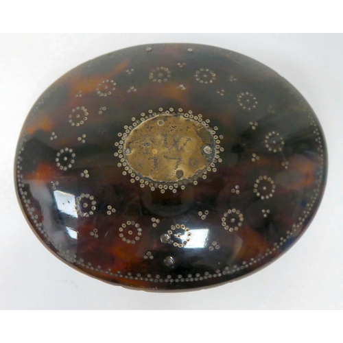 4 - A late 18thC tortoiseshell cased, oval snuff box with a hinged lid, decorated in white metal designs... 