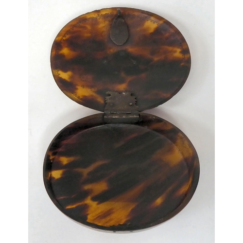 4 - A late 18thC tortoiseshell cased, oval snuff box with a hinged lid, decorated in white metal designs... 