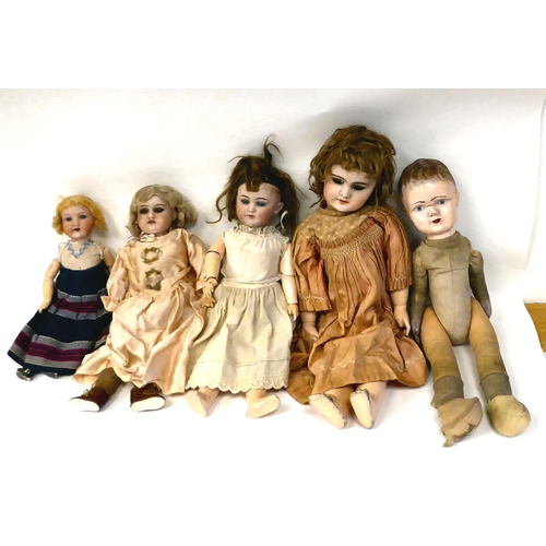 400 - Four various early 20thC French and German dressed dolls with ceramic heads and painted figures ... 