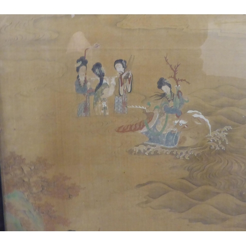 59 - A pair of late 19thC panels, one depicting female figures, wearing traditional costume in groups; an... 