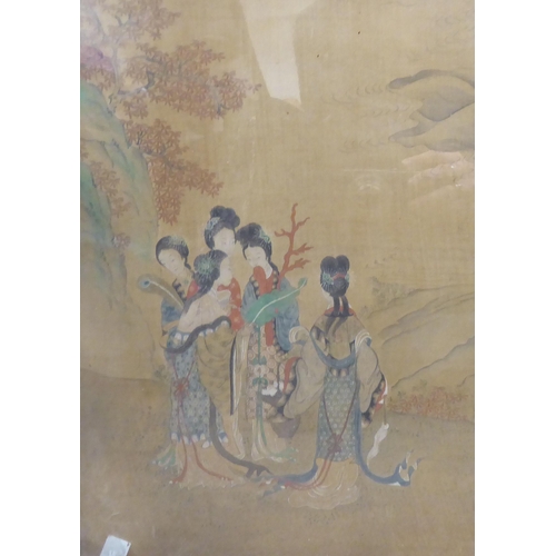 59 - A pair of late 19thC panels, one depicting female figures, wearing traditional costume in groups; an... 