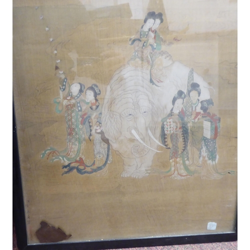 59 - A pair of late 19thC panels, one depicting female figures, wearing traditional costume in groups; an... 