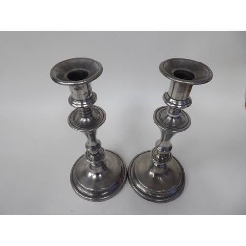 68 - Two pairs of similar 19thC pewter candlesticks, incorporating vase shape sockets, ring knopped and b... 