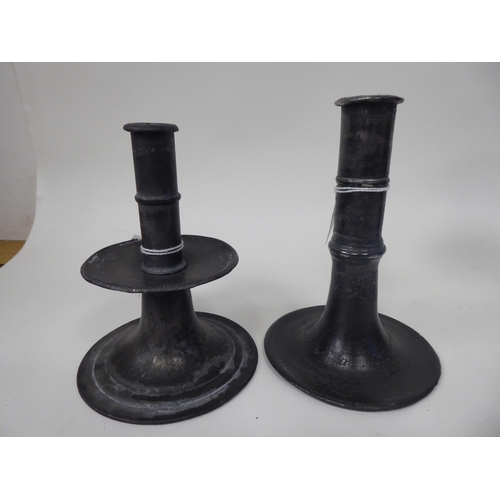 69 - Two similar late 19thC knopped, pricket style pewter candlesticks  8