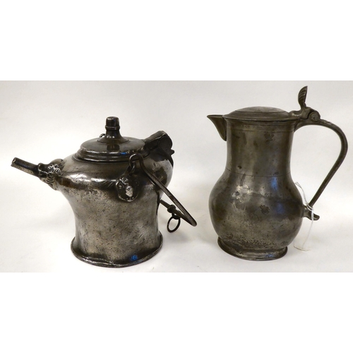 72 - 18th/19thC pewter artefacts: to include a range kettle with an animals head spout; and a pewter inkw... 