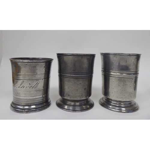 73 - Six 17th and 18thC pewter beakers of varying design: to include two of pedestal form