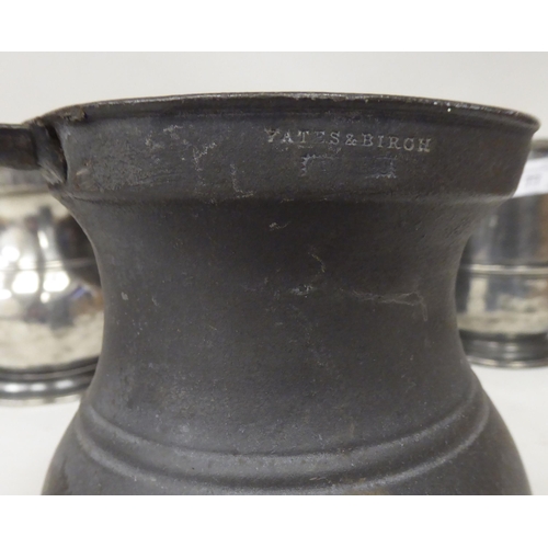 77 - Ten 17th and 18thC pewter mugs: to include quart size, pint and similar of varying designs