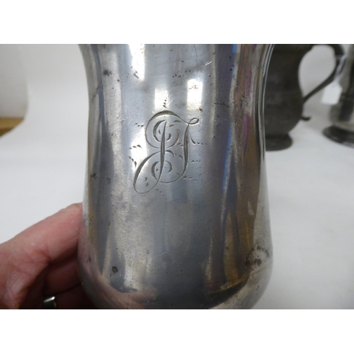 77 - Ten 17th and 18thC pewter mugs: to include quart size, pint and similar of varying designs