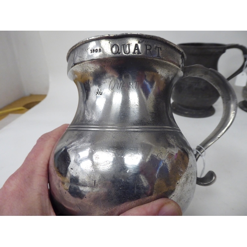 77 - Ten 17th and 18thC pewter mugs: to include quart size, pint and similar of varying designs