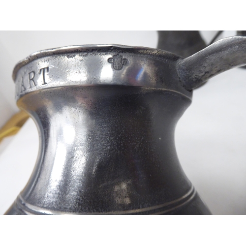 77 - Ten 17th and 18thC pewter mugs: to include quart size, pint and similar of varying designs