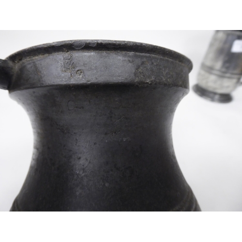 77 - Ten 17th and 18thC pewter mugs: to include quart size, pint and similar of varying designs