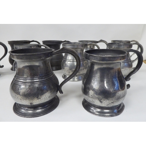 78 - Twelve similar 18th and 19thC pewter tankards/measures of waisted, baluster form