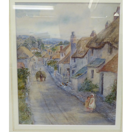 11 - Late Victorian School - children on a path, in a village  watercolour  7