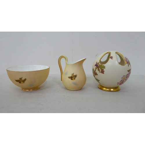 181 - Six items of Royal Worcester blush china collectables: to include a cream jug with gilded ornament, ... 