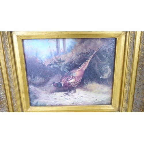 184 - Two antique reproduction faux oil paintings - 'Grazing Grouse'  prints on board  7.5