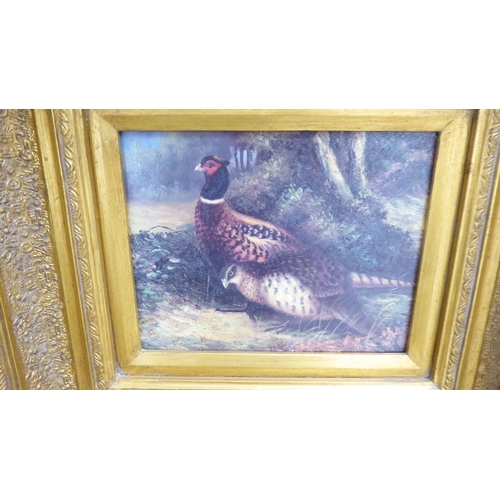 184 - Two antique reproduction faux oil paintings - 'Grazing Grouse'  prints on board  7.5