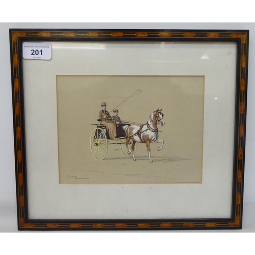 201 - Ninetta Butterworth - a gentleman and a boy in a horsedrawn carriage  watercolour  bears a signature... 