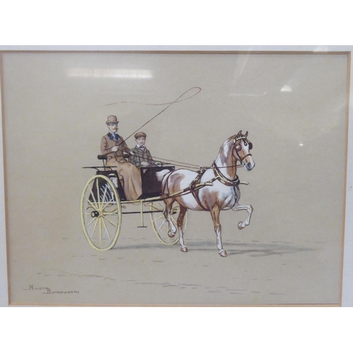 201 - Ninetta Butterworth - a gentleman and a boy in a horsedrawn carriage  watercolour  bears a signature... 