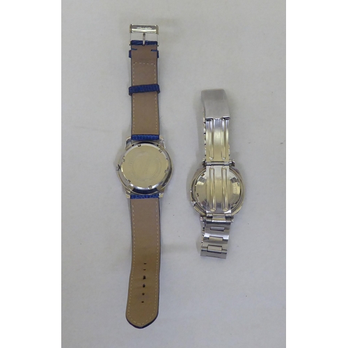 22 - Two Seiko stainless steel cased automatic wristwatches, each faced by a baton dial