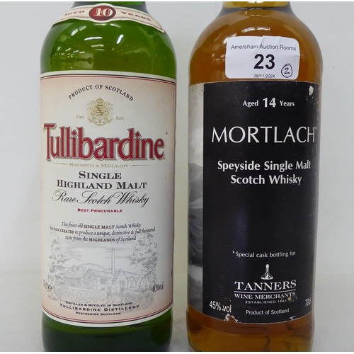 23 - Two bottles of whisky, viz. a Mortlach 14 years; and a Tullibardine 10 years