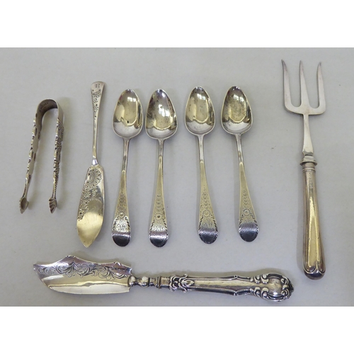 252 - Silver flatware: to include a set of four teaspoons with bright cut engraving  mixed marks