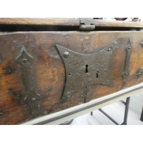 355 - An early 18thC Bible box with wrought iron strapwork, the hinged lid enclosing a candle box  9