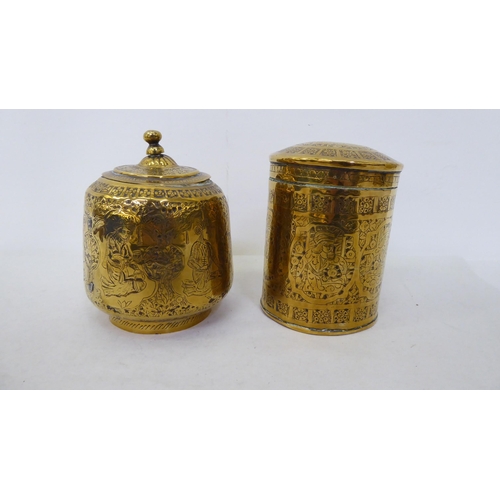 394 - Early 20thC Indian brass collectables: to include a tea caddy, decorated with figures  6