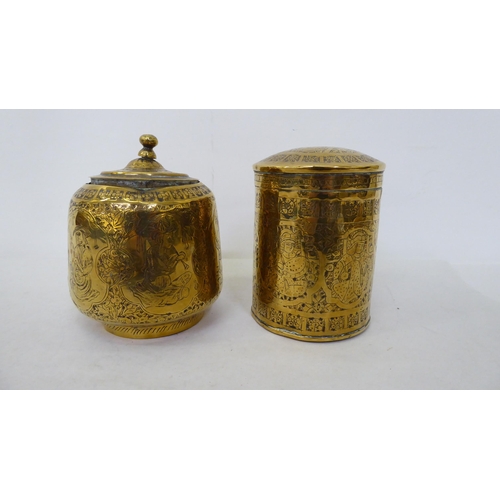 394 - Early 20thC Indian brass collectables: to include a tea caddy, decorated with figures  6