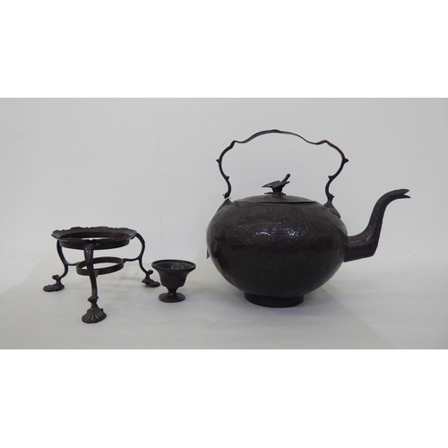 47 - Four items of Arts of Crafts and later metalware: to include a bronze finished teapot on stand