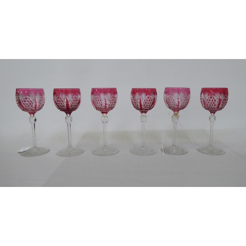 52 - A set of twelve clear and cranberry coloured crystal hock glasses