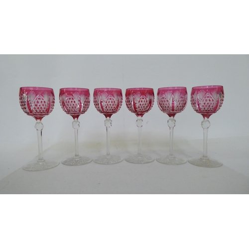 52 - A set of twelve clear and cranberry coloured crystal hock glasses