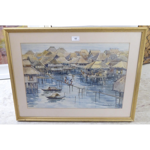 63 - Margaret Felkin - a study of Malayan fishing village  watercolour  bears a signature ... 