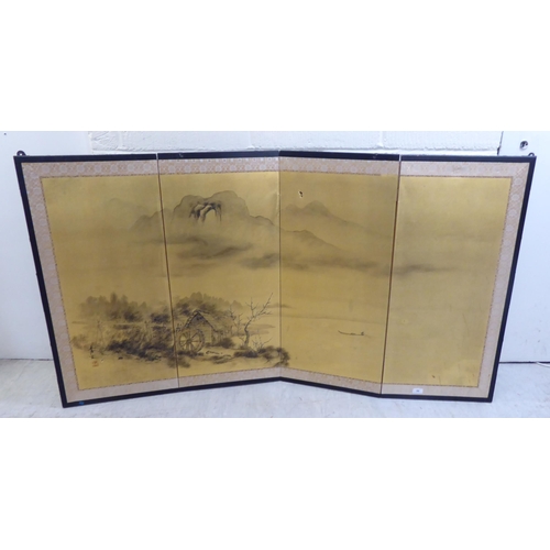 66 - WITHDRAWN A mid 20thC Chinese black lacquered framed, four-fold roomscreen, decorated with a landsca... 