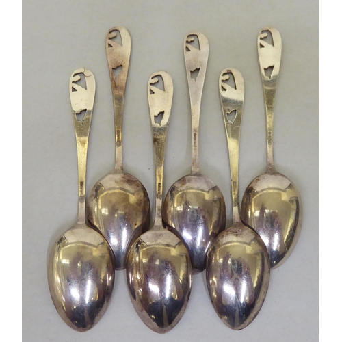 77 - A set of six Art Nouveau silver coloured metal teaspoons, the handles of organic design  stamped Ste... 