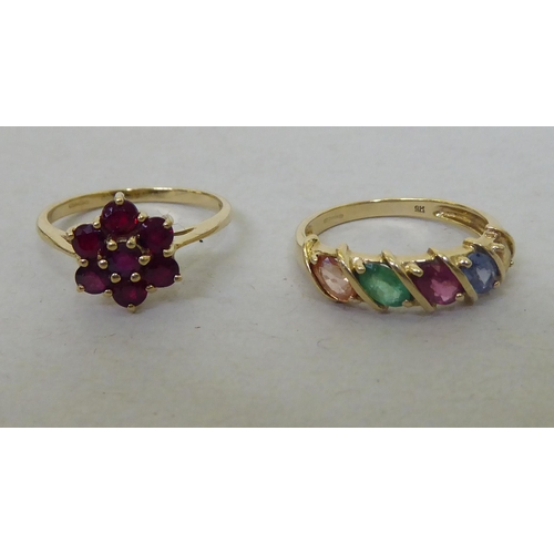 91 - Two 9ct gold rings, set with variously coloured stones