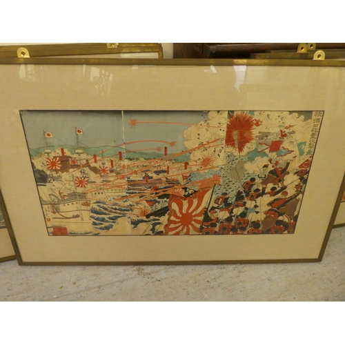 320 - A series of eight Japanese coloured prints, variously depicting allegorical scenes with calligraphy&... 