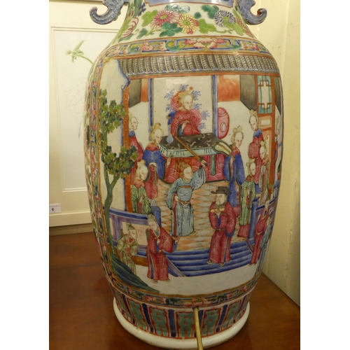 327 - A late 19thC Chinese porcelain vase, decorated with panels of figures, in interior settings  23... 