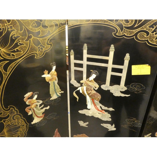 374 - A modern Japanese four-fold black lacquered and gilded roomscreen, decorated to the interior with ap... 