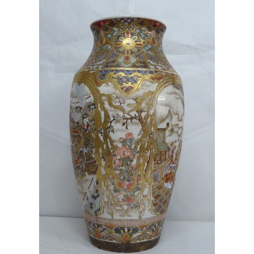 10 - An early 20thC Japanese Satsuma vase, decorated with opposing allegorical cartouches, on a profusely... 