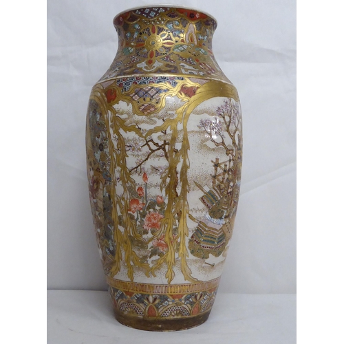 10 - An early 20thC Japanese Satsuma vase, decorated with opposing allegorical cartouches, on a profusely... 