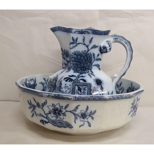 106 - A late Victorian A.Bros Oriental china wash bowl; and matching jug, decorated in blue and white