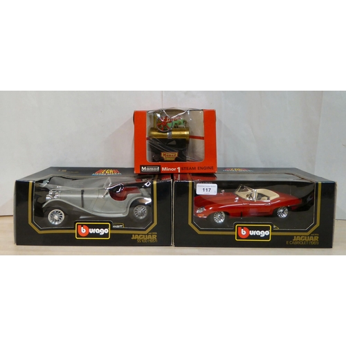 117 - Two Burago diecast model vehicles, viz. a Jaguar E Cabriolet (1961); a Jaguar SS100 (1937); and a Ma... 