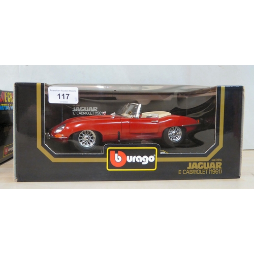 117 - Two Burago diecast model vehicles, viz. a Jaguar E Cabriolet (1961); a Jaguar SS100 (1937); and a Ma... 