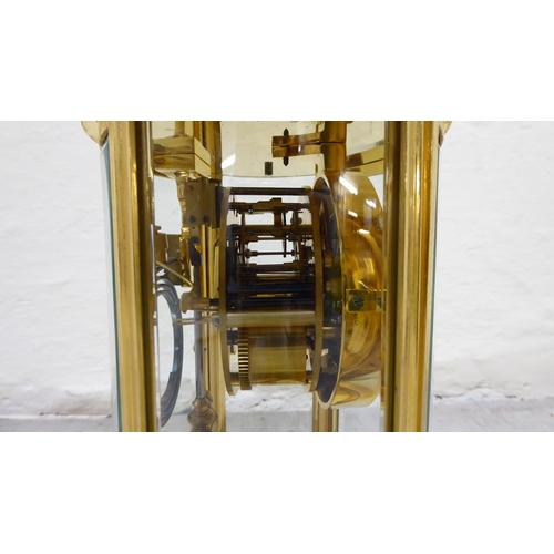 32 - A late 19th/early 20thC French four glass and brass cased clock; the 8 day mercury pendulum movement... 