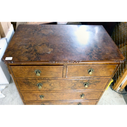 369 - A mid 20thC quarter veneered and walnut finished six drawer dressing chest, raised on stubby, carved... 