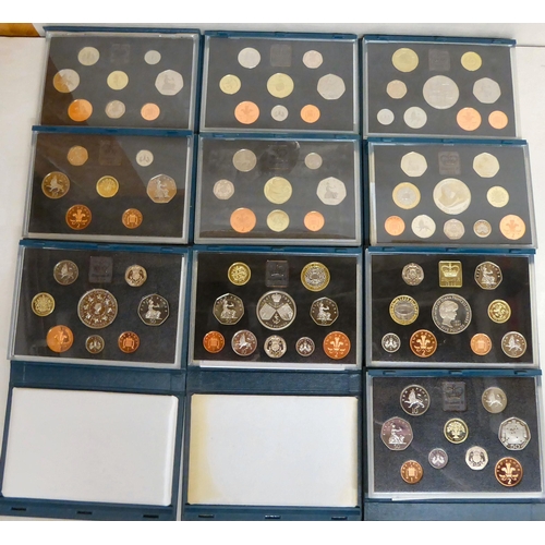 377 - A consecutive run of cased Royal Mint proof coin sets from 1990-1999