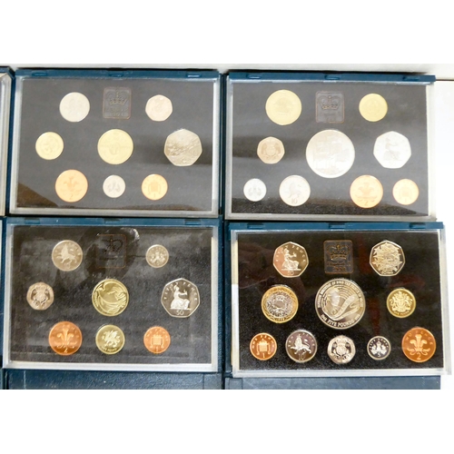 377 - A consecutive run of cased Royal Mint proof coin sets from 1990-1999