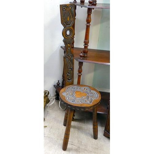 386 - Small furniture: to include an early 20thC carved beech framed spinning chair, raised on turned legs